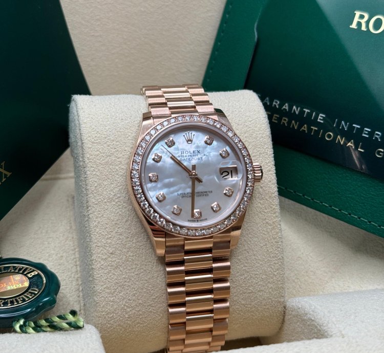 Rolex Datejust 31 New 2023 Mother Of Pearl Dial Diamond Bezel Rose Gold President Bracelet