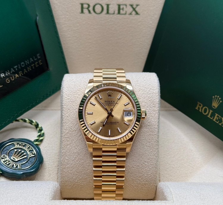 Rolex Datejust 31 New 2024 Champagne Index Dial Fluted Bezel Yellow Gold President