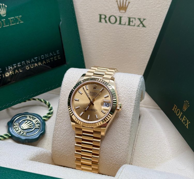 Rolex Datejust 31 New 2024 Champagne Index Dial Fluted Bezel Yellow Gold President