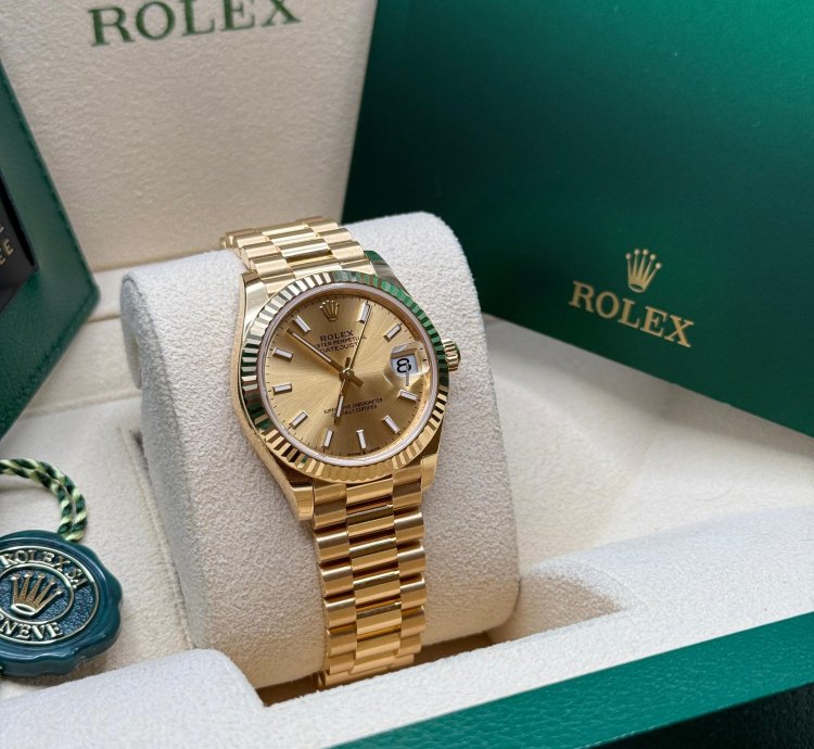 Rolex Datejust 31 New 2024 Champagne Index Dial Fluted Bezel Yellow Gold President