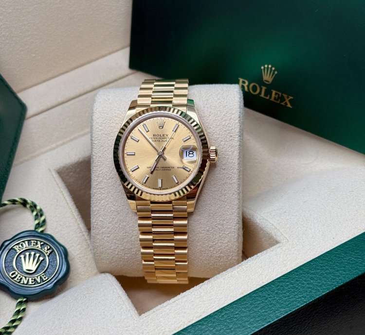 Rolex Datejust 31 New 2024 Champagne Index Dial Fluted Bezel Yellow Gold President