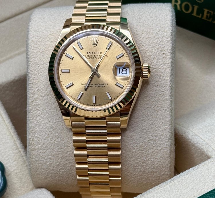 Rolex Datejust 31 New 2024 Champagne Index Dial Fluted Bezel Yellow Gold President