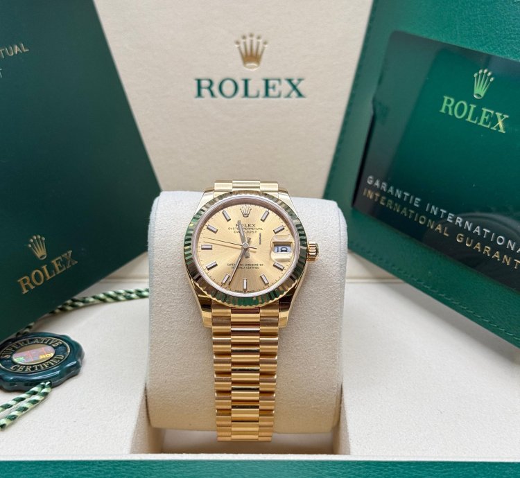 Rolex Datejust 31 New 2025 Champagne Index Dial Fluted Bezel Yellow Gold President