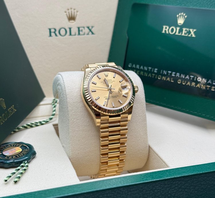 Rolex Datejust 31 New 2025 Champagne Index Dial Fluted Bezel Yellow Gold President