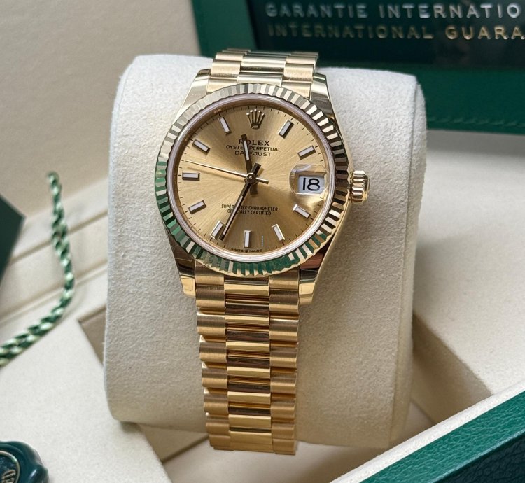 Rolex Datejust 31 New 2025 Champagne Index Dial Fluted Bezel Yellow Gold President