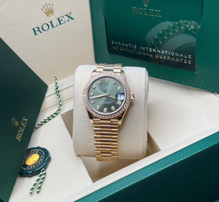 Rolex Datejust 31 New 2025 Olive Green Diamond Dial 18k Gold Diamond Bezel President