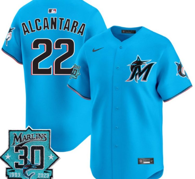 Sandy Alcantara Jersey 22 Miami Marlins 30 Seasons Anniversary Patch Limited Stitched Blue