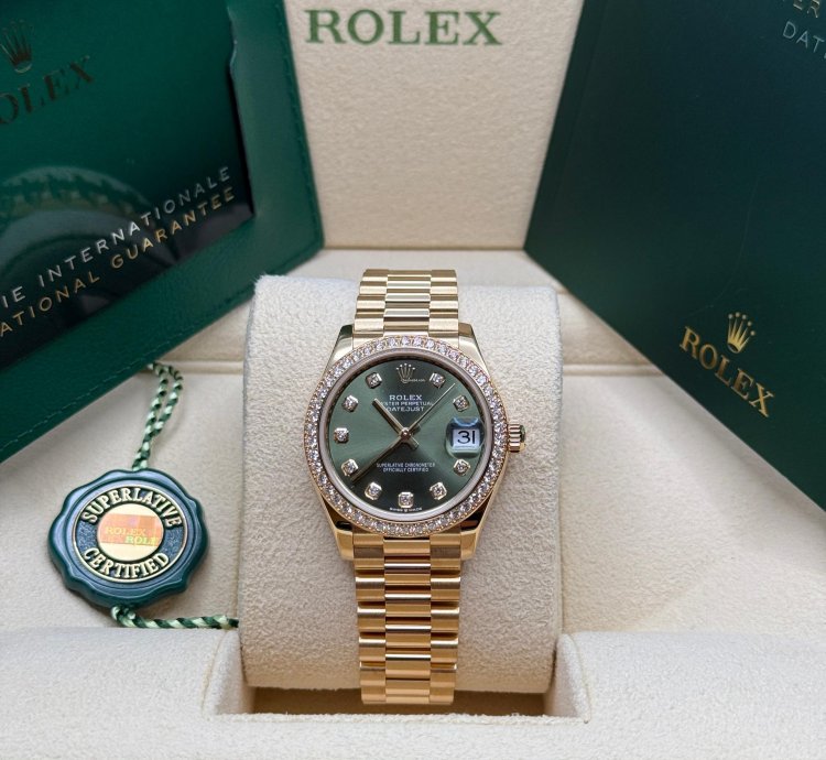 Rolex Datejust 31 Olive Green Diamond Dial 18k Gold Diamond Bezel Jubilee Bracelet
