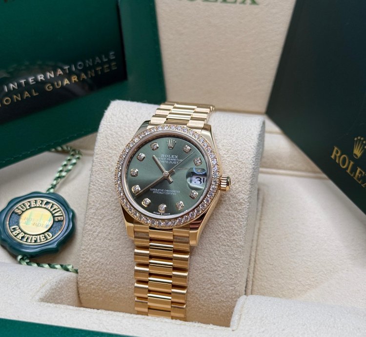 Rolex Datejust 31 Olive Green Diamond Dial 18k Gold Diamond Bezel Jubilee Bracelet