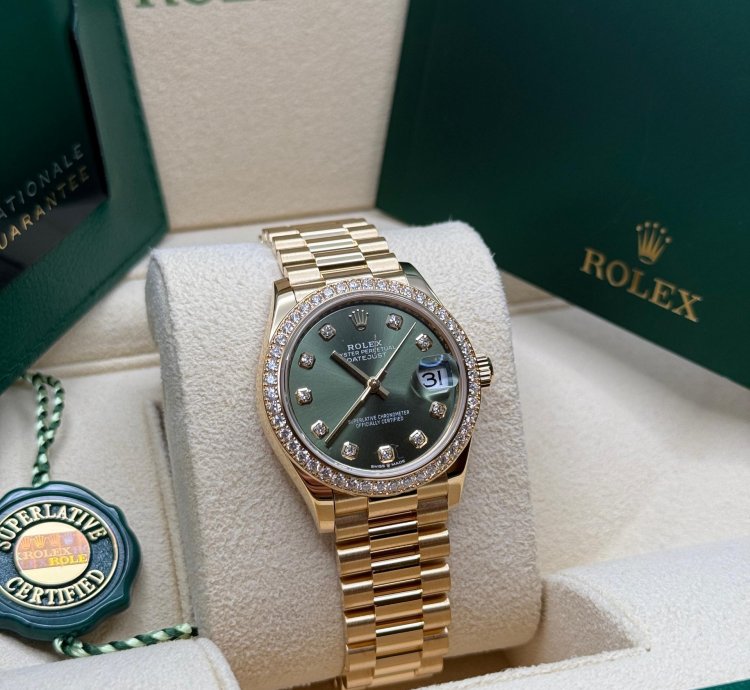 Rolex Datejust 31 Olive Green Diamond Dial 18k Gold Diamond Bezel Jubilee Bracelet