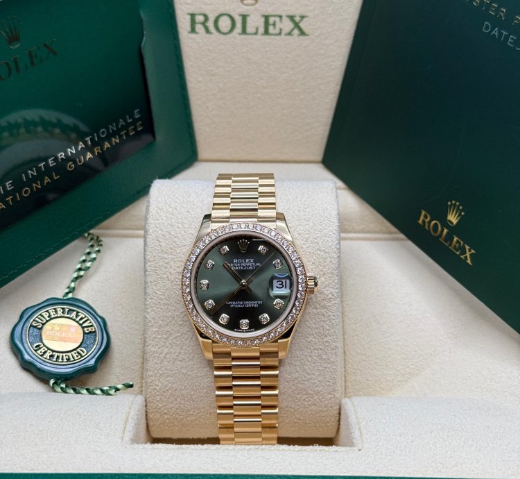 Rolex Datejust 31 Olive Green Diamond Dial 18k Gold Diamond Bezel Jubilee Bracelet