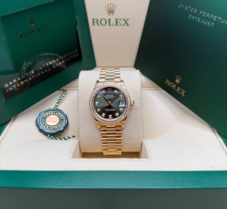 Rolex Datejust 31 Olive Green Diamond Dial 18k Gold Diamond Bezel Jubilee Bracelet