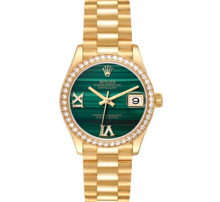 Rolex Datejust 31 President Midsize Malachite Yellow Gold Diamond Ladies Watch 278288 Unworn