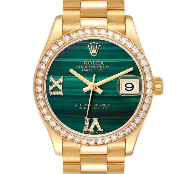 Rolex Datejust 31 President Midsize Malachite Yellow Gold Diamond Ladies Watch 278288 Unworn