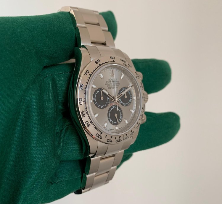 Rolex Daytona 116509 Factory Grey Black Dial White Gold 18kt Like New Nos