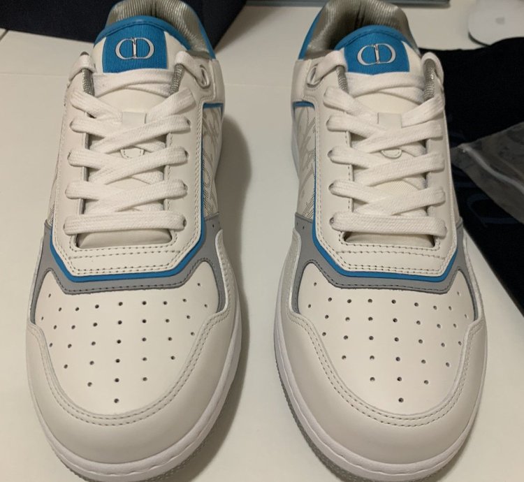 Dior B27 Low Top Sneakers In White And Light Blue Sz 42