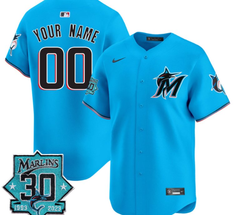 Custom Miami Marlins Jersey 30 Seasons Anniversary Patch Vapor Premier Limited Stitched Blue