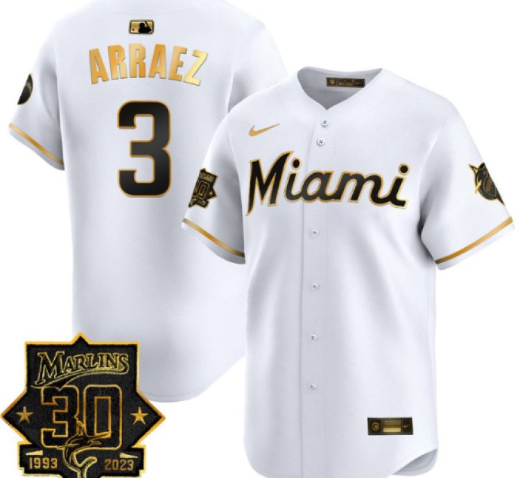Luis Arraez Jersey 3 Miami Marlins 30 Seasons Anniversary Patch Limited Stitched White Gold