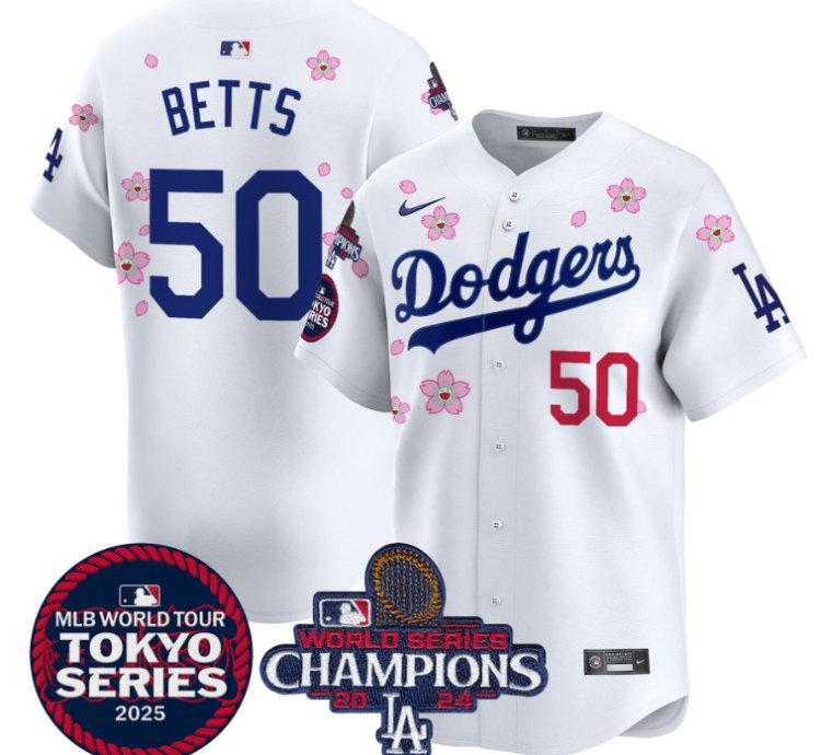 Mookie Betts Jersey 50 Dodgers Tokyo Series 2025 World Series Champions Patch White