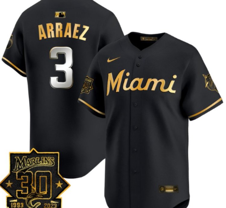 Luis Arraez Jersey 3 Miami Marlins 30 Seasons Anniversary Patch Limited Stitched Black Gold