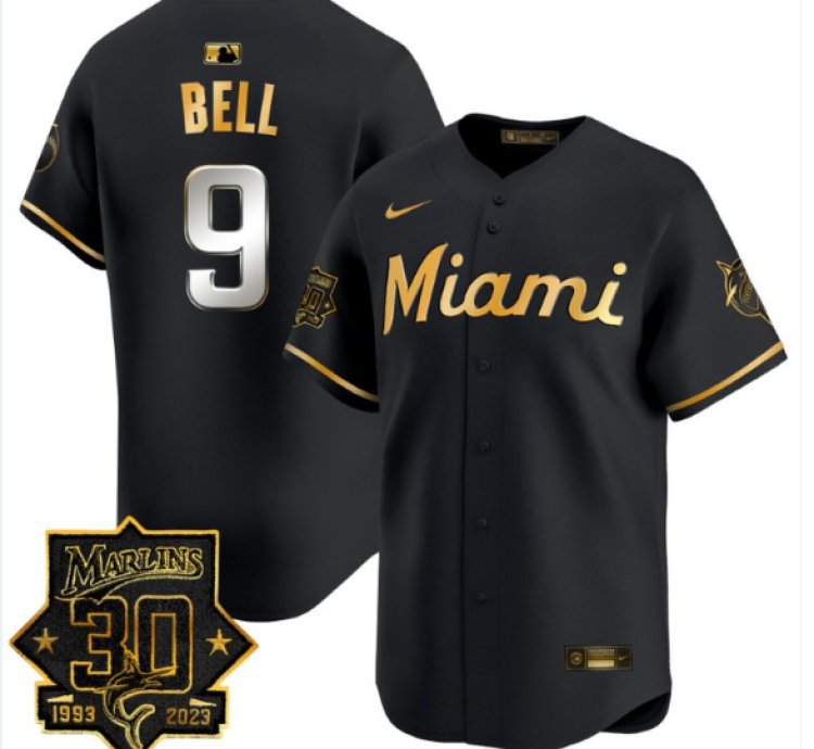 Josh Bell Jersey 9 Miami Marlins 30 Seasons Anniversary Patch Limited Stitched Black Gold