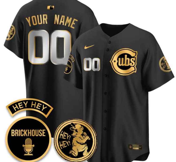Custom Chicago Cubs Jersey Jack Brickhouse Hey Hey Patch Limited Stitched Black Gold