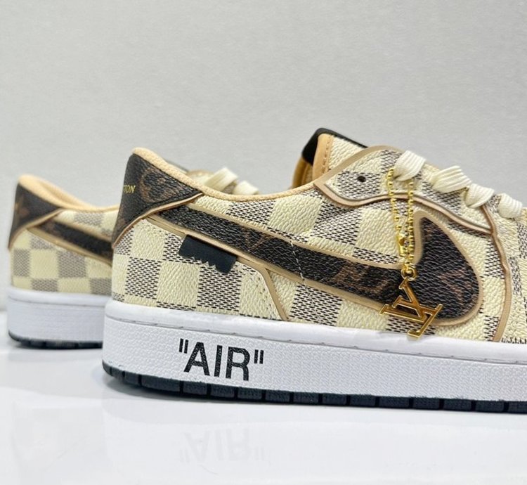 Louis Vuitton X Travis Scott Jordan 1 Low Lv Damier Azur White Brown