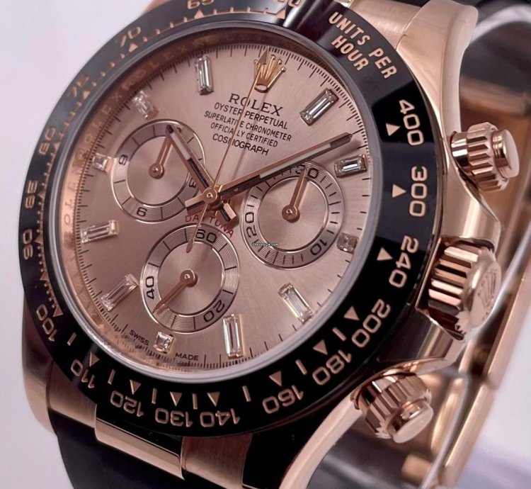 Rolex Daytona 116515ln Rose Gold Oysterflex Sundust Baguette Dial Unworn 2023