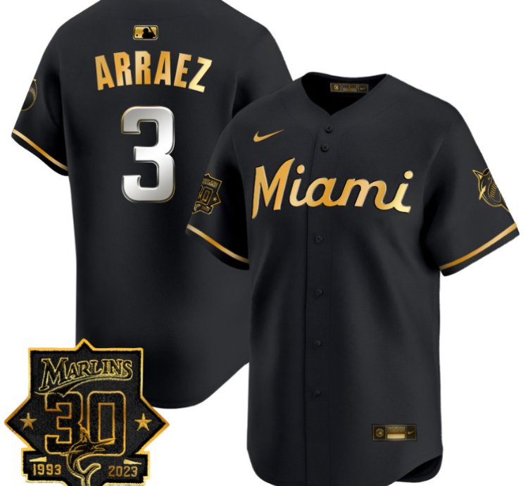 Luis Arraez Jersey 3 Miami Marlins 30 Seasons Anniversary Patch Limited Stitched Black Gold