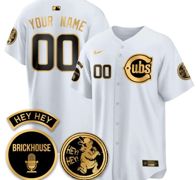 Custom Chicago Cubs Jersey Jack Brickhouse Hey Hey Patch Limited Stitched White Gold