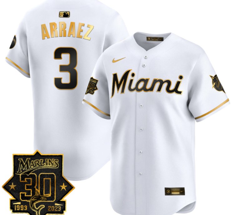 Luis Arraez Jersey 3 Miami Marlins 30 Seasons Anniversary Patch Limited Stitched White Gold