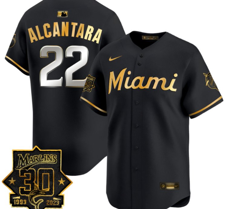 Sandy Alcantara Jersey 22 Miami Marlins 30 Seasons Anniversary Patch Limited Stitched Black Gold