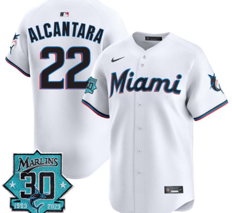 Sandy Alcantara Jersey 22 Miami Marlins 30 Seasons Anniversary Patch Limited Stitched White
