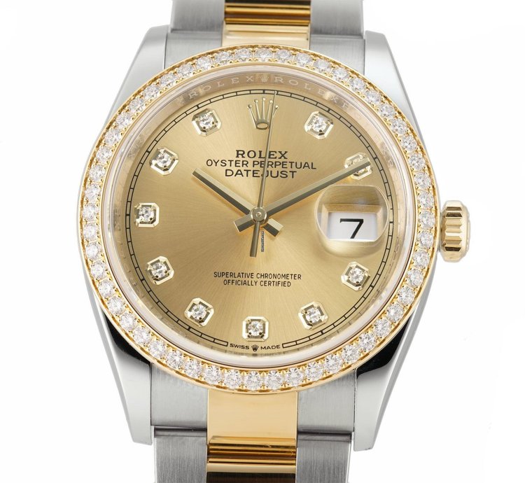 Rolex Datejust 36 36mm Steel Yellow Gold Champagne Diamond Dial Bezel On Oyster Bracelet