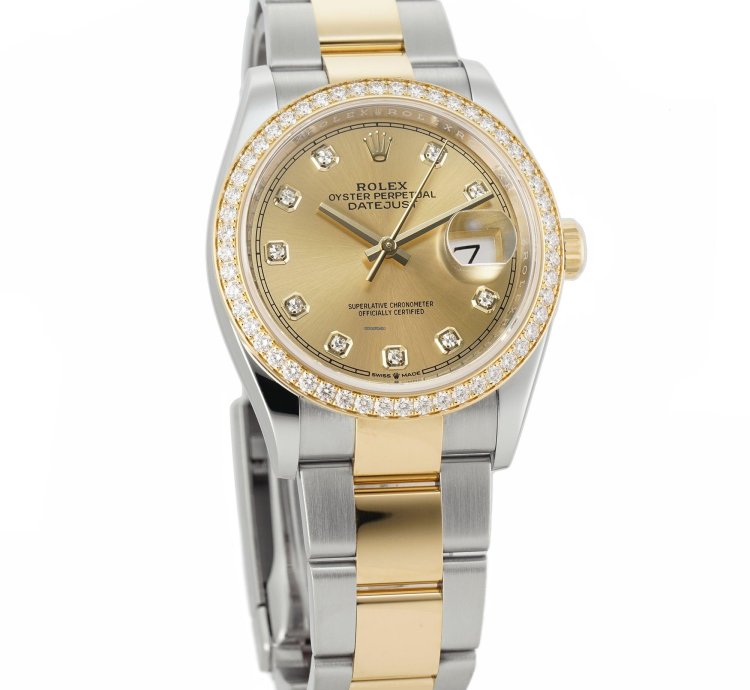Rolex Datejust 36 36mm Steel Yellow Gold Champagne Diamond Dial Bezel On Oyster Bracelet