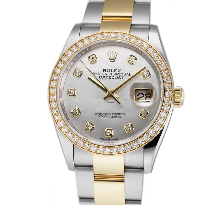 Rolex Datejust 36 36mm Steel Yellow Gold White Mop Diamond Dial Bezel On Oyster Bracelet