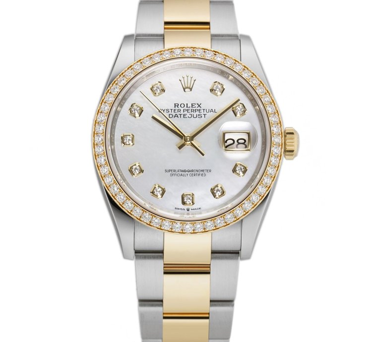 Rolex Datejust 36 36mm Steel Yellow Gold White Mop Diamond Dial Bezel On Oyster Bracelet