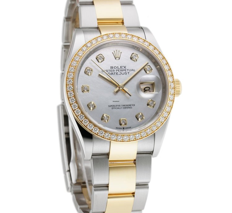 Rolex Datejust 36 36mm Steel Yellow Gold White Mop Diamond Dial Bezel On Oyster Bracelet