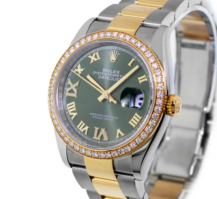 Rolex Datejust 36 36mm Yellow Gold Steel Olive Green Roman Dial Diamond Bezel 126283rbr