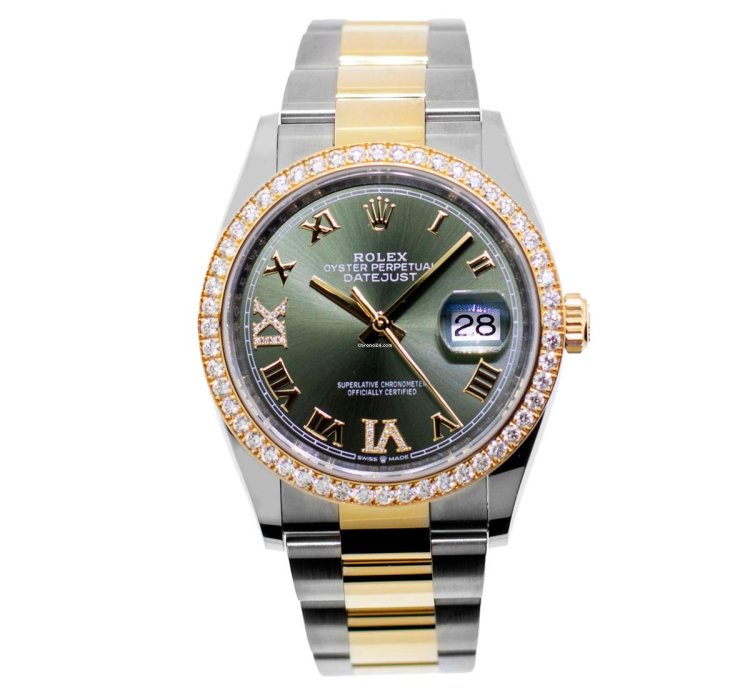 Rolex Datejust 36 36mm Yellow Gold Steel Olive Green Roman Dial Diamond Bezel 126283rbr