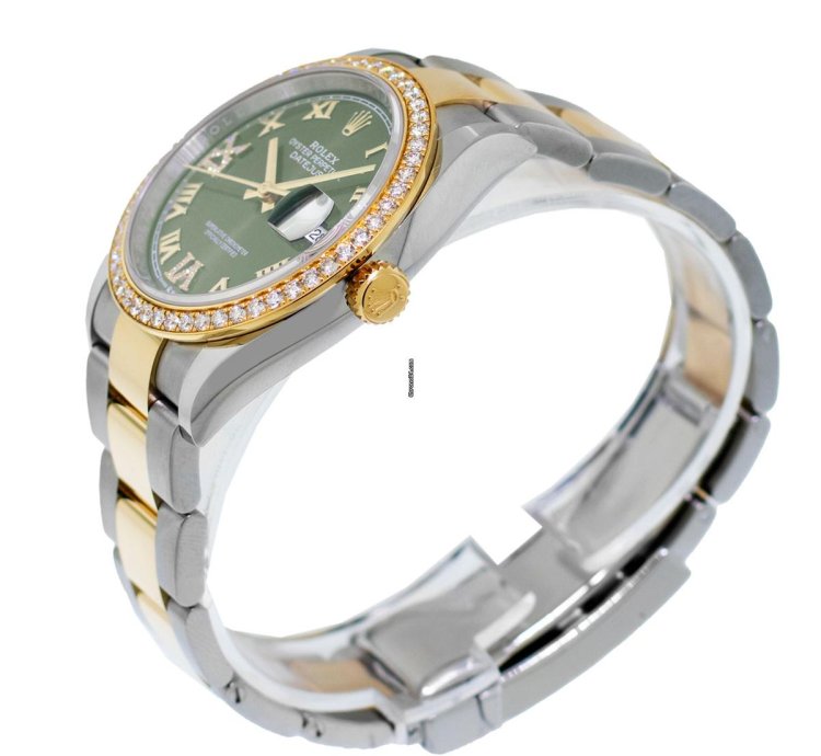 Rolex Datejust 36 36mm Yellow Gold Steel Olive Green Roman Dial Diamond Bezel 126283rbr