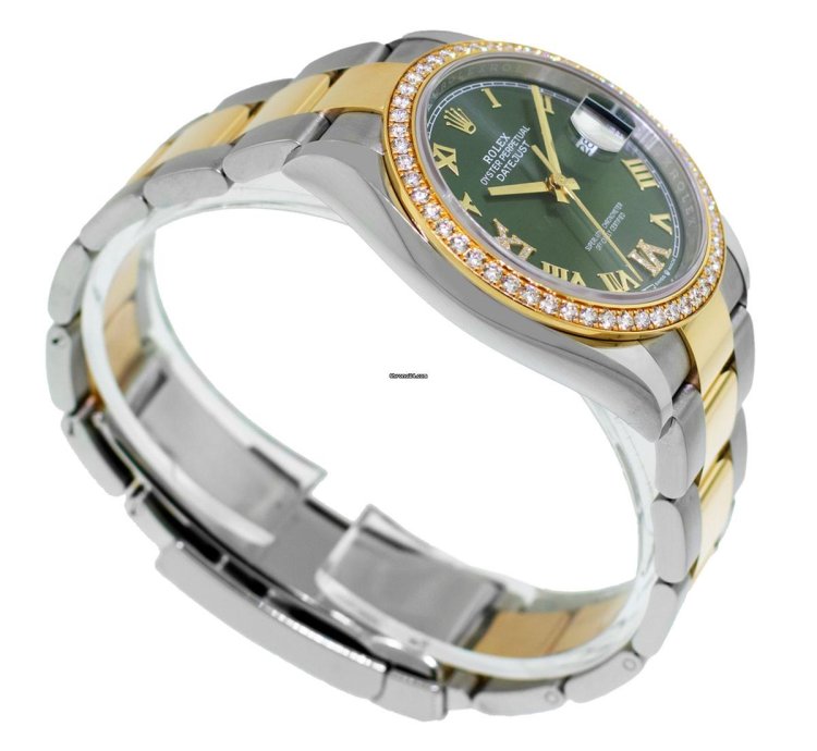 Rolex Datejust 36 36mm Yellow Gold Steel Olive Green Roman Dial Diamond Bezel 126283rbr