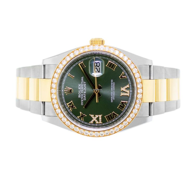 Rolex Datejust 36 36mm Yellow Gold Steel Olive Green Roman Dial Diamond Bezel 126283rbr