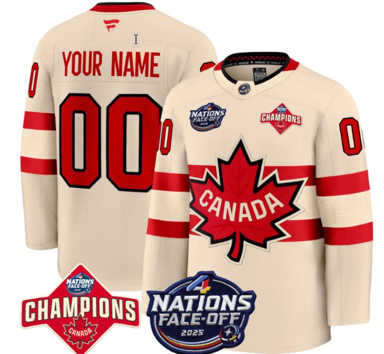Mens Custom Canada Jersey 4 Nations Face-off 2025 Champions Stitched Cream