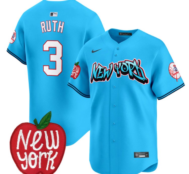 Babe Ruth Jersey 3 New York Yankees Apple Patch Vapor Premier Limited Stitched Light Blue