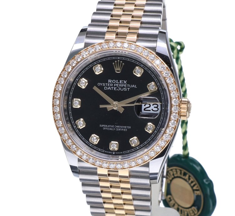 Rolex Datejust 36 Oyster Datejust Jubilee Gold Steel Black Dial Diamonds 36 Mm Unworn 2023
