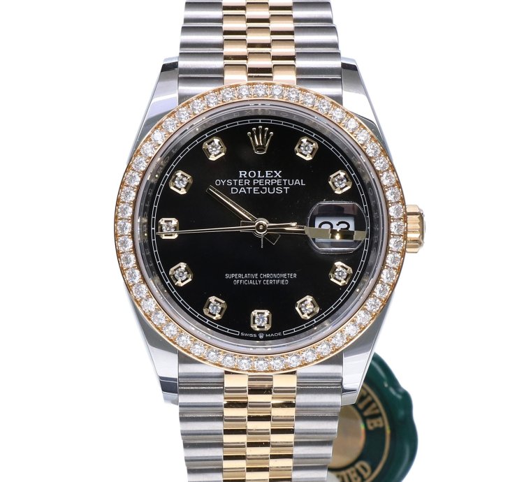 Rolex Datejust 36 Oyster Datejust Jubilee Gold Steel Black Dial Diamonds 36 Mm Unworn 2023