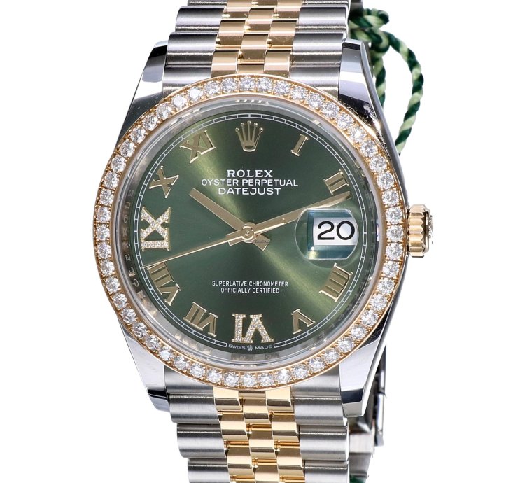 Rolex Datejust 36 Oyster Datejust Jubilee Gold Steel Olive Green Roman Diamonds 36 Mm Unworn 2023