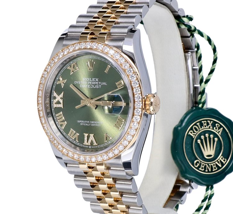 Rolex Datejust 36 Oyster Datejust Jubilee Gold Steel Olive Green Roman Diamonds 36 Mm Unworn 2023