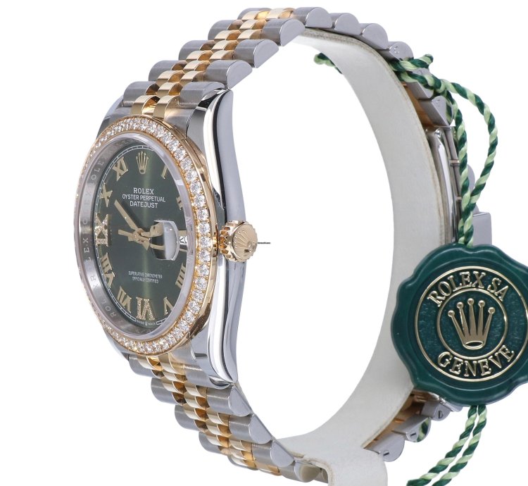 Rolex Datejust 36 Oyster Datejust Jubilee Gold Steel Olive Green Roman Diamonds 36 Mm Unworn 2023